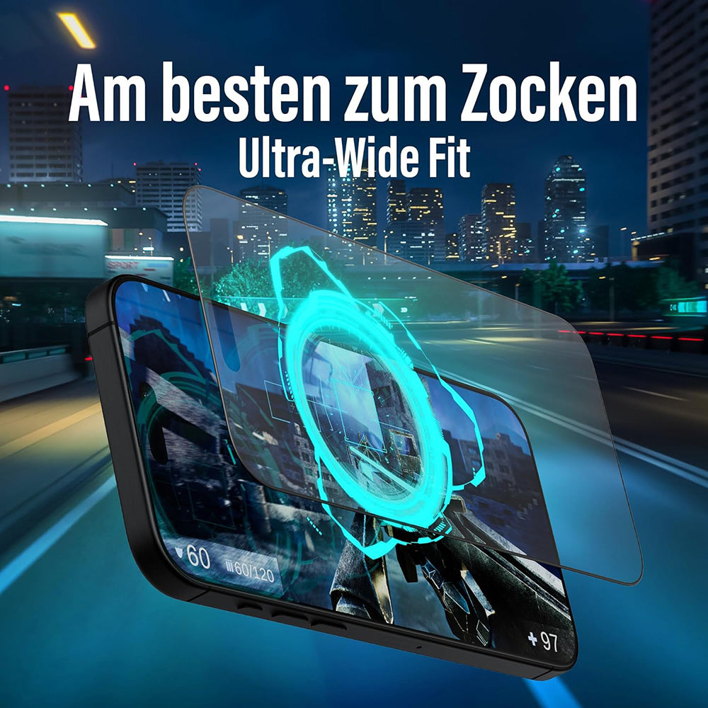Matte PanzerGlass Ultra-Wide Fit Gaming Screen Protector for Apple iPhone 16 Pro, Tempered Glass, Full Glue, Black