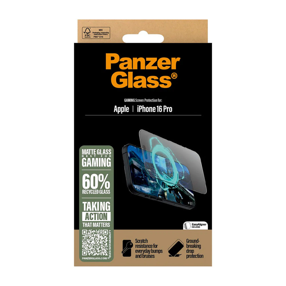 Matte PanzerGlass Ultra-Wide Fit Gaming Screen Protector for Apple iPhone 16 Pro, Tempered Glass, Full Glue, Black