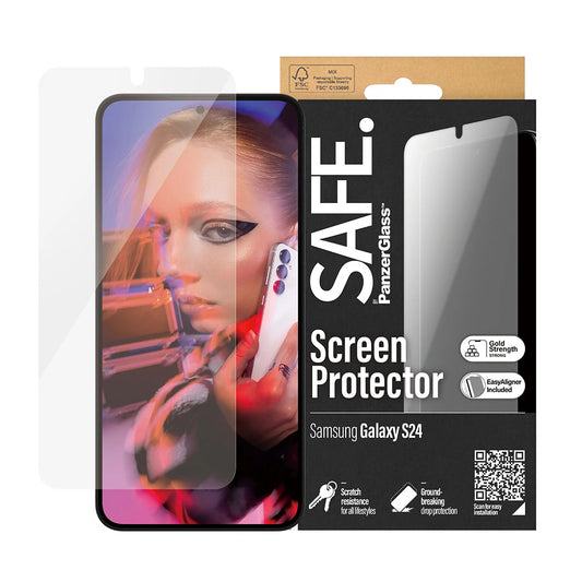 Schutzfolie PanzerGlass Safe Bildschirm. Ultra-Wide Fit EasyAligner für Samsung Galaxy S24 S921, Gehärtetes Glas, Vollverklebung.