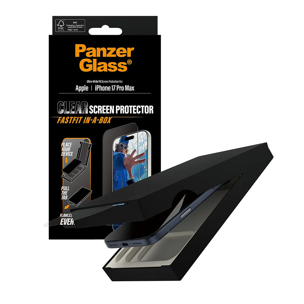 Schutzfolie PanzerGlass Ultra-Wide Fit Fastfit für Apple iPhone 17 Pro Max, gehärtetes Glas, Full Glue, Schwarz