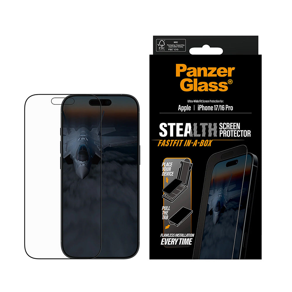 Schutzfolie PanzerGlass Ultra-Wide Fit Stealth Fastfit für Apple iPhone 17 / 16 Pro, gehärtetes Glas, Full Glue, Schwarz