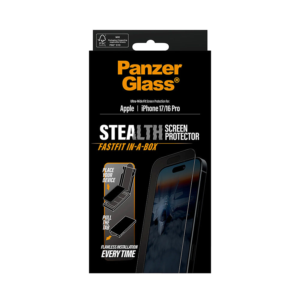 Schutzfolie PanzerGlass Ultra-Wide Fit Stealth Fastfit für Apple iPhone 17 / 16 Pro, gehärtetes Glas, Full Glue, Schwarz