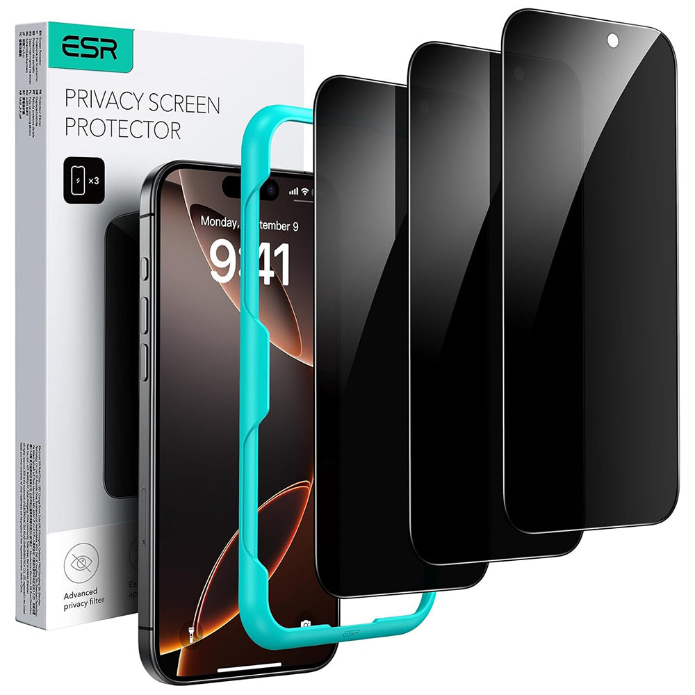 Schutzfolie Ecran Privacy ESR für Apple iPhone 17 / 16 Pro, gehärtetes Glas, Full Glue, Set 3 Stück