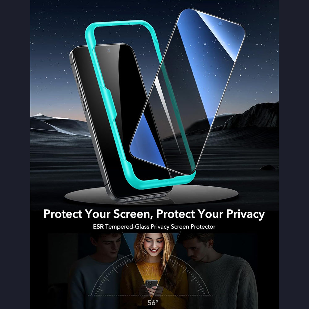 Schutzfolie Ecran Privacy ESR für Apple iPhone 17 / 16 Pro, gehärtetes Glas, Full Glue, Set 3 Stück