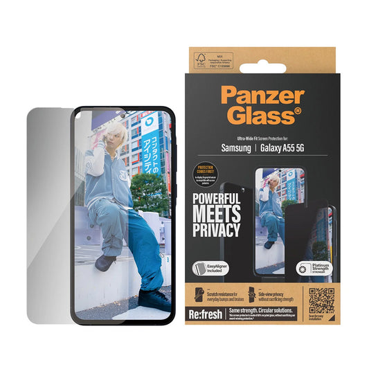 Schutzfolie Privacy PanzerGlass Ultra-Wide Fit für Samsung Galaxy A55 5G A556, gehärtetes Glas, Full Glue