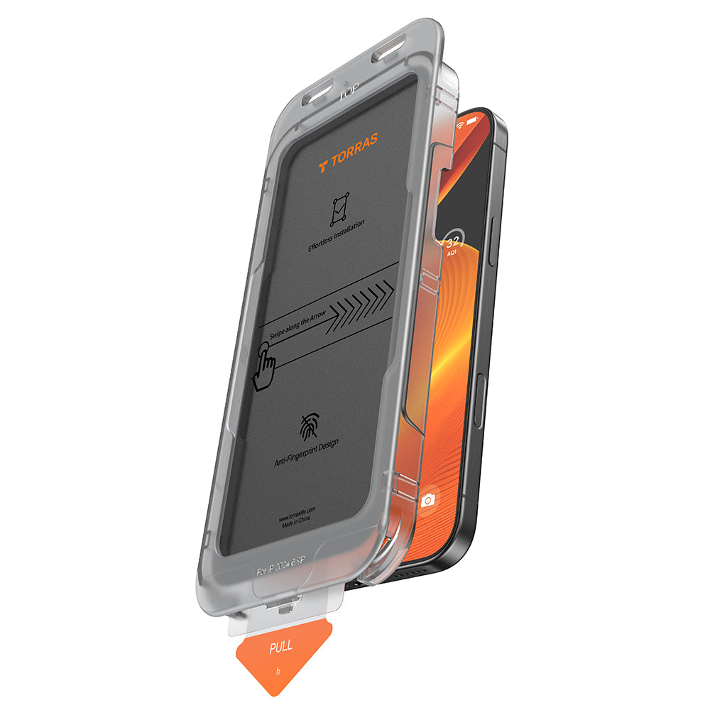 Schutzfolie Privacy Torras GlassGo Install Master für Apple iPhone 16, Gehärtetes Glas, Vollkleber