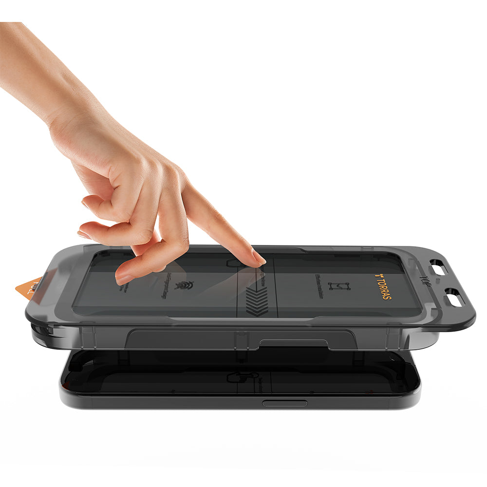 Schutzfolie Privacy Torras GlassGo Install Master für Apple iPhone 16, Gehärtetes Glas, Vollkleber