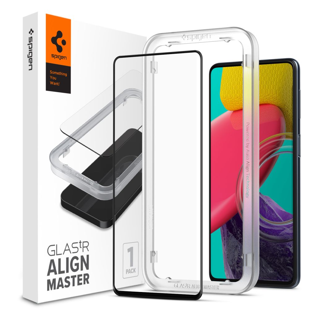 Schutzfolie Spigen GlastR Align Master für Samsung Galaxy M53 M536, gehärtetes Glas, vollflächiger Kleber, Schwarz