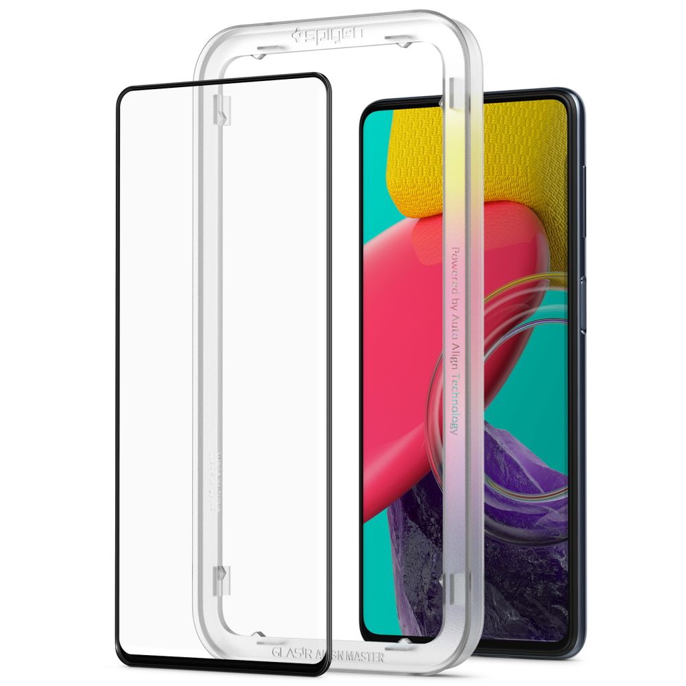 Schutzfolie Spigen GlastR Align Master für Samsung Galaxy M53 M536, gehärtetes Glas, vollflächiger Kleber, Schwarz