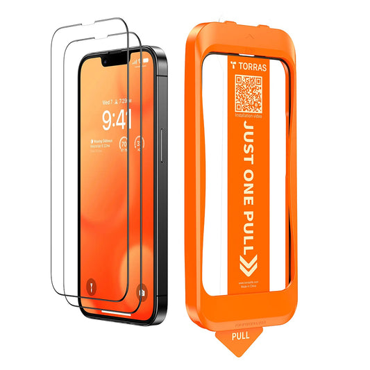 Torras GlassGo Install Master Displayschutzfolie für Apple iPhone 17e / 16e / 14 / 13 Pro, gehärtetes Glas, Vollklebung, 2 Stück Set
