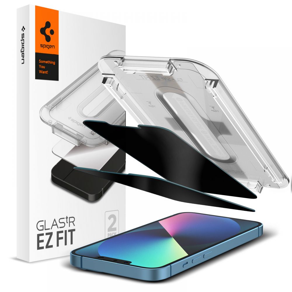 Privacy-Schutzfolie Spigen GlastR EZ FIT für Apple iPhone 17e / 16e / 14 / 13 Pro, gehärtetes Glas, Full Glue, 2er-Set AGL03388