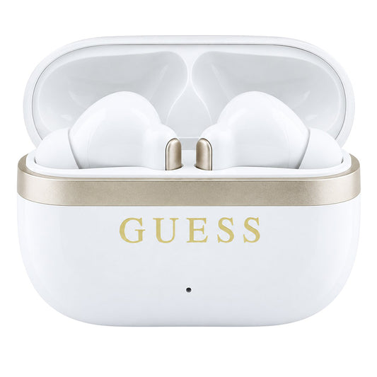 Guess Bluetooth-Freisprecheinrichtung Glossy Gold Line Printed Classic Logo, TWS, Weiß