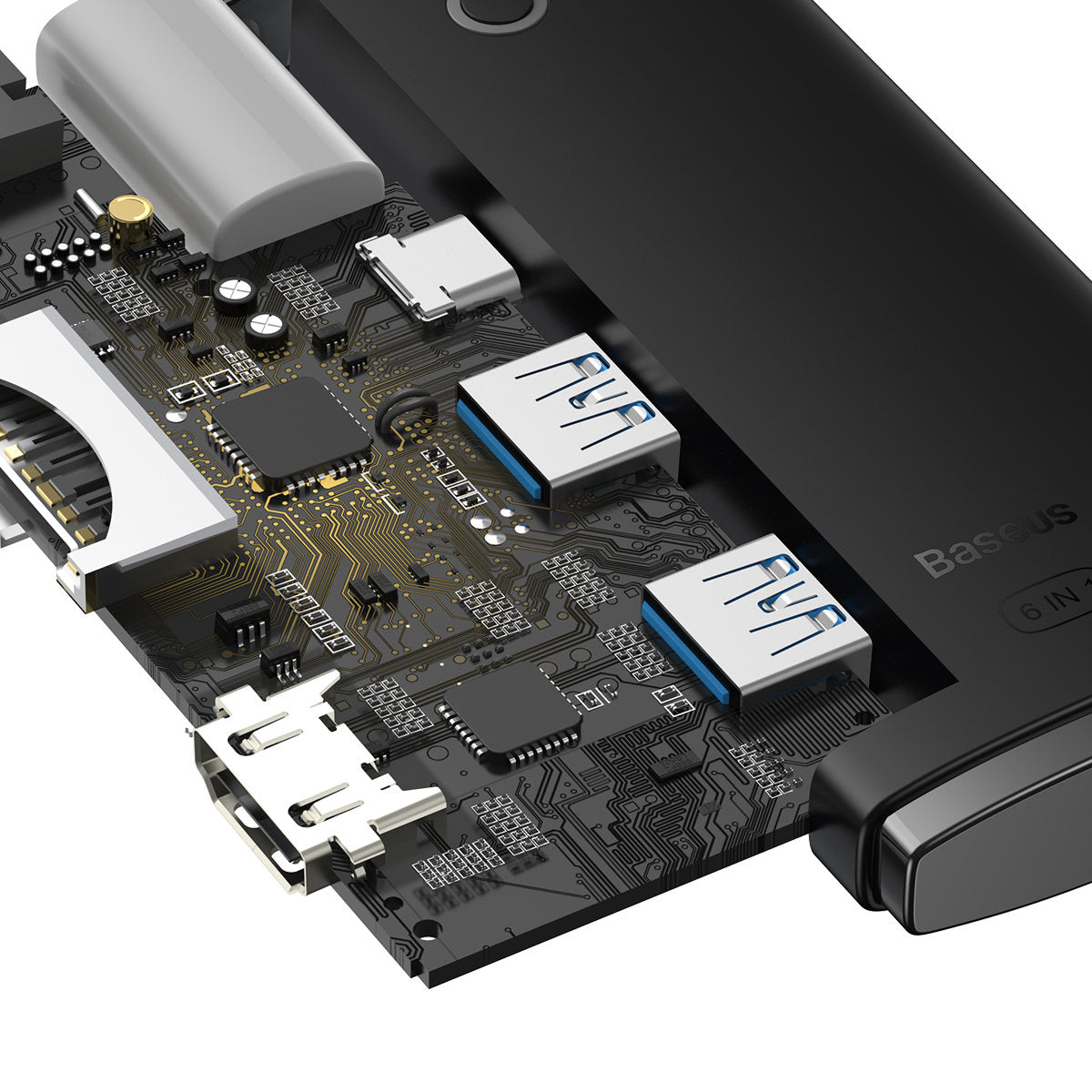 Hub USB-C Baseus, 2 x USB-A 3.0 - 1 x USB-C - 1 x HDMI - 1 x SD - 1 x microSD, Schwarz WKQX050001