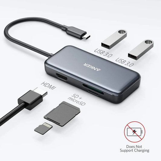 Hub USB-C Anker, 2 x USB-A 3.0 - 1 x HDMI - 1 x SD - 1 x microSD, Schwarz A8334HA1