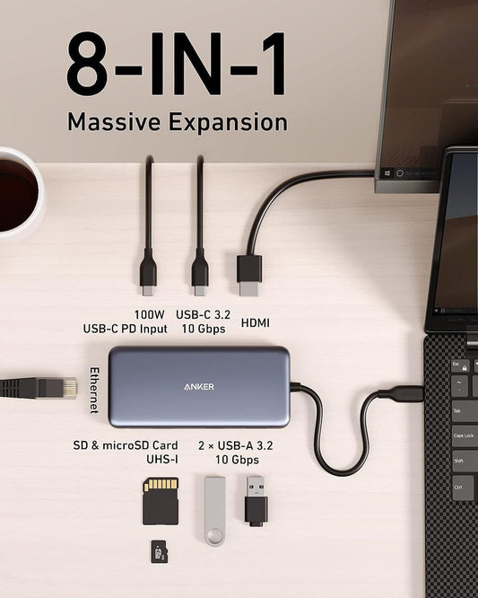 Hub USB-C Anker 555, 2 x USB-A 3.2 - 2 x USB-C - 1 x HDMI - 1 x RJ45 - 1 x SD - 1 x microSD, Grau A83830A2
