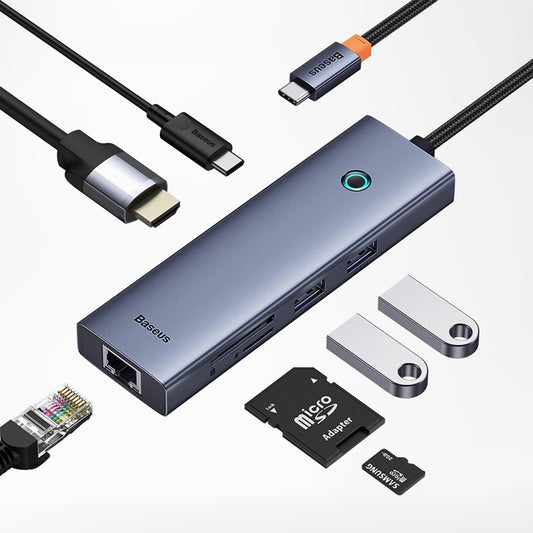 Hub USB-C Baseus UltraJoy, 2 x USB-A 3.0 - 1 x USB-C - 1 x HDMI - 1 x RJ45 - 1 x SD - 1 x microSD, Grau B00052805813-00