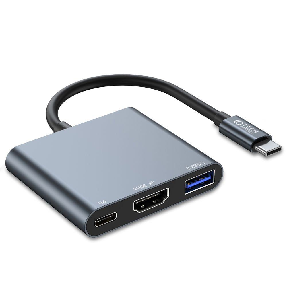 Tech-Protect V1 USB-C Hub | USB-A 3.0 + USB-C PD + HDMI 4K | Grau