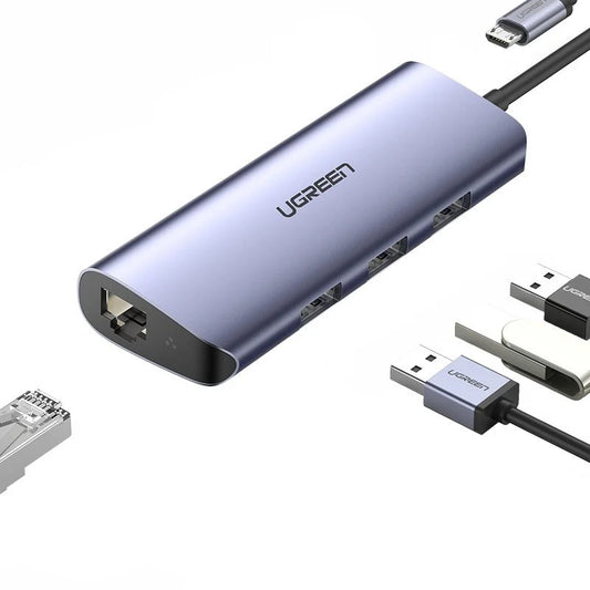 UGREEN CM252 USB-C Hub, 3 x USB-A 3.0 - 1 x USB-C - RJ45, Grey