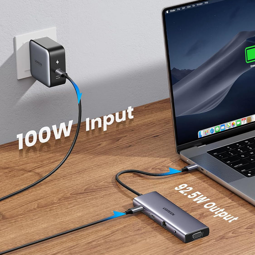 Hub USB-C UGREEN CM498 (15601), 3 x USB-A 3.0 - 1 x USB-C - 1 x HDMI - 1 x VGA - 1 x Jack 3,5 mm - 1 x RJ45 - 1 x SD - 1 x microSD, Grau