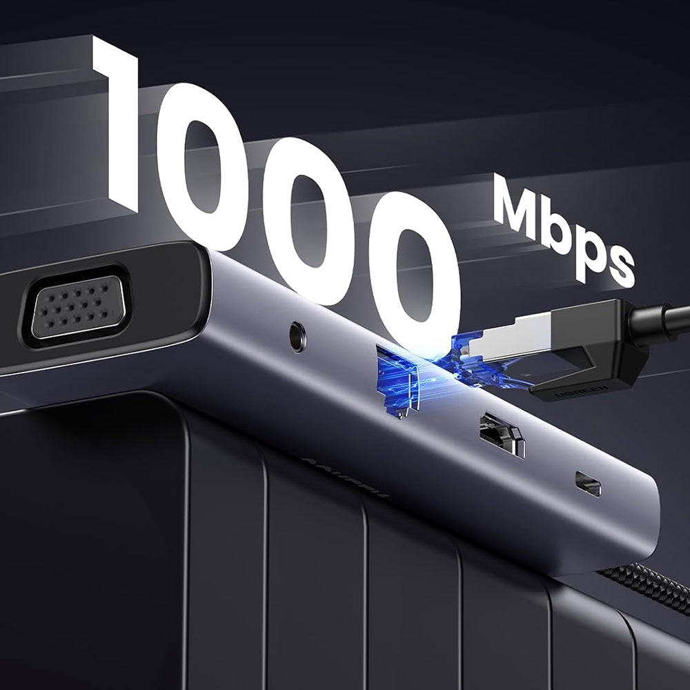 Hub USB-C UGREEN CM498 (15601), 3 x USB-A 3.0 - 1 x USB-C - 1 x HDMI - 1 x VGA - 1 x Jack 3,5 mm - 1 x RJ45 - 1 x SD - 1 x microSD, Grau