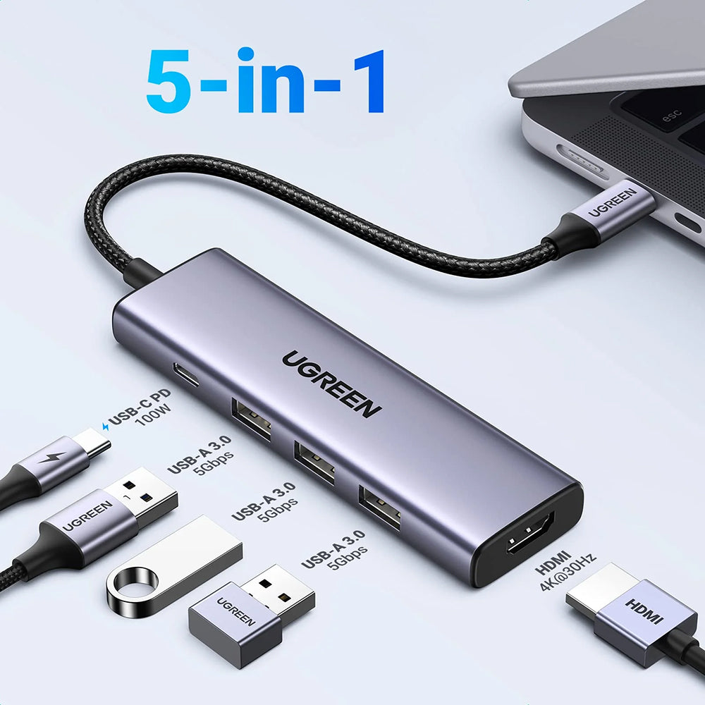 Hub USB-C UGREEN CM511 (15596), 3 x USB-A 3.0 - 1 x USB-C - 1 x HDMI, Grau