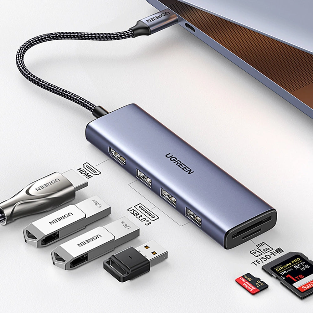 Hub USB-C UGREEN CM511 (20956A), 3 x USB-A 3.0 - 1 x HDMI - 1 x SD - 1 x microSD, Grau