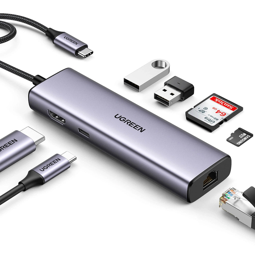 Hub USB-C UGREEN CM512 (90568), 2 x USB-A 3.0 - 1 x USB-C - 1 x HDMI - 1 x RJ45 - 1 x SD - 1 x microSD, Grau