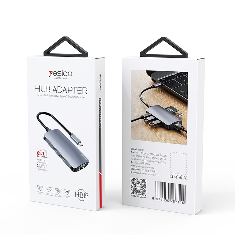 USB-C Hub Yesido HB15, 6in1, Grau