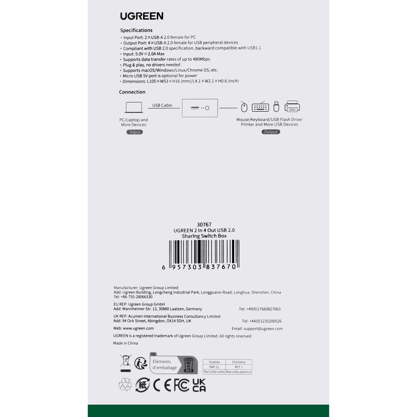 USB-Switch UGREEN US216 Two Sharing Box, 4 x USB-A, Schwarz