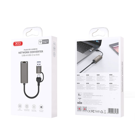 Netzwerkkarte XO Design HUB018, RJ45, USB-C / USB, Grau