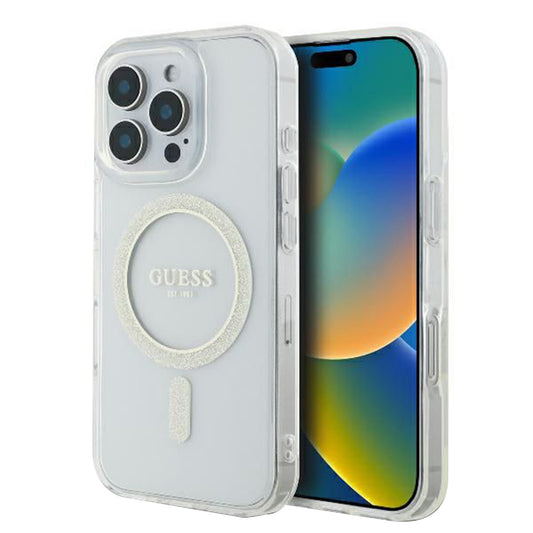 MagSafe Hülle für Apple iPhone 16 Pro, Guess, IML Glitter Ring, Transparent GUHMP16LHFGERET