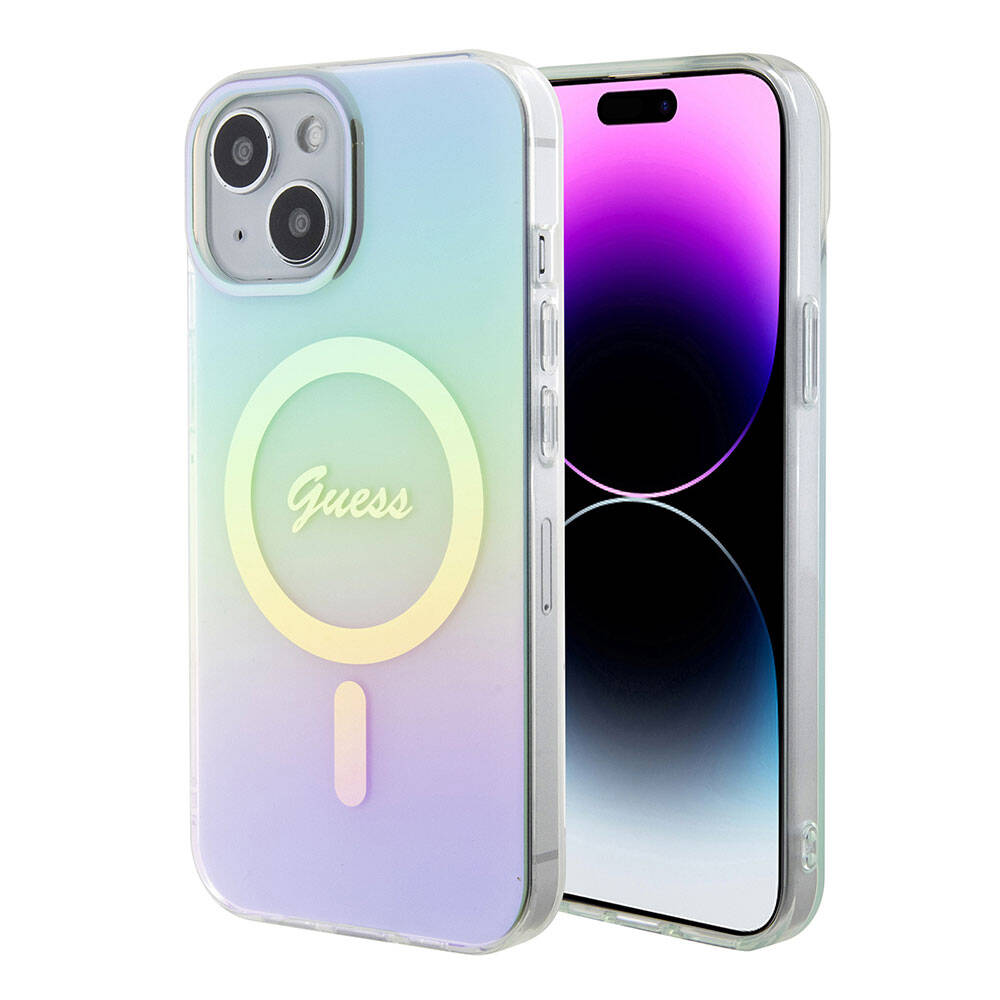 MagSafe Hülle für Apple iPhone 15, Guess, IML Iridescent, Türkis
