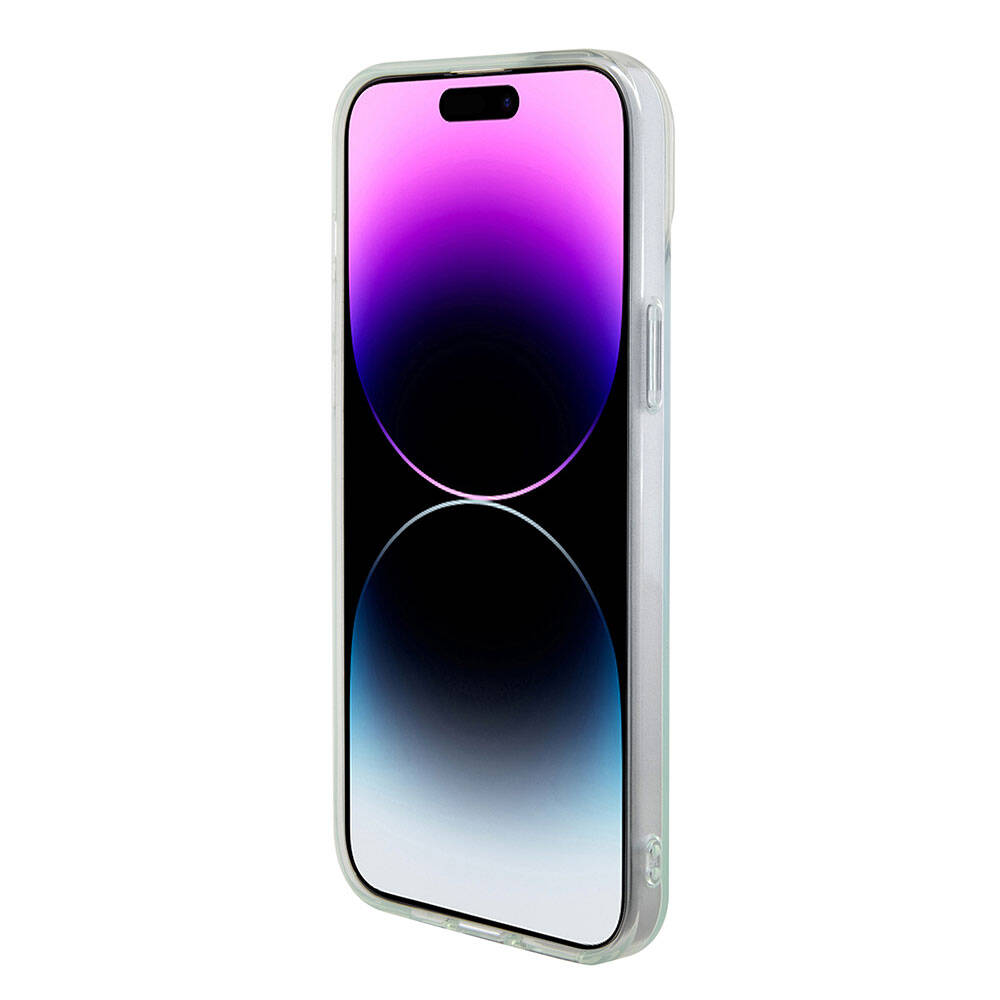 MagSafe Hülle für Apple iPhone 15, Guess, IML Iridescent, Türkis