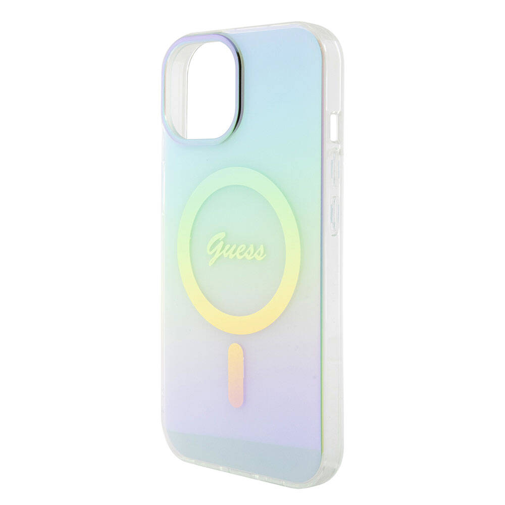 MagSafe Hülle für Apple iPhone 15, Guess, IML Iridescent, Türkis
