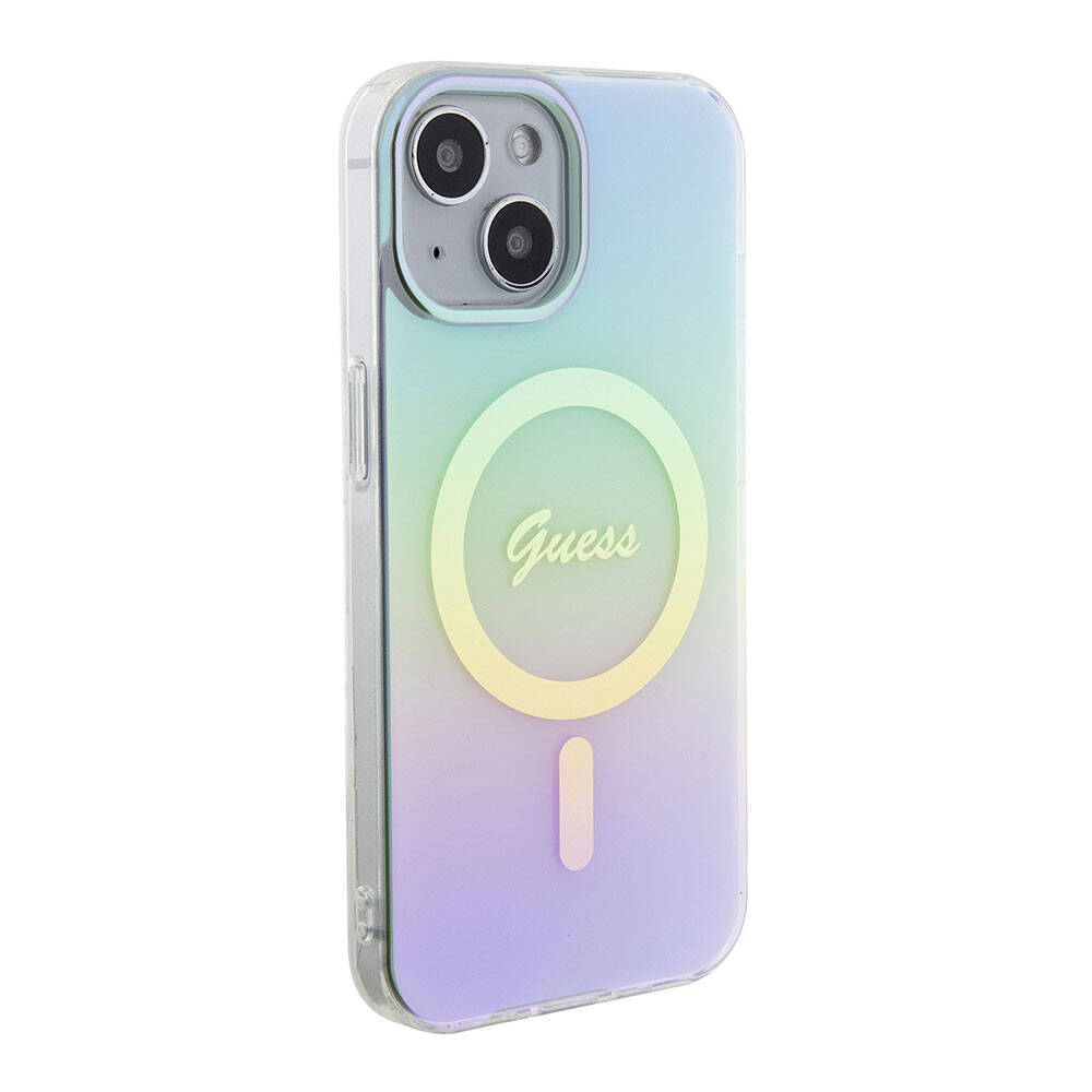 MagSafe Hülle für Apple iPhone 15, Guess, IML Iridescent, Türkis