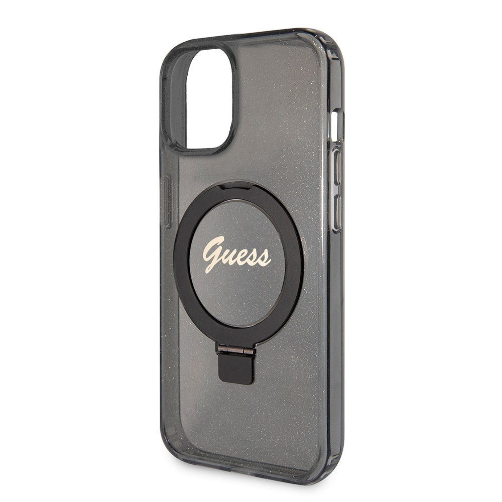 MagSafe Hülle für Apple iPhone 15, Guess, Ring Stand Script Glitter, Schwarz