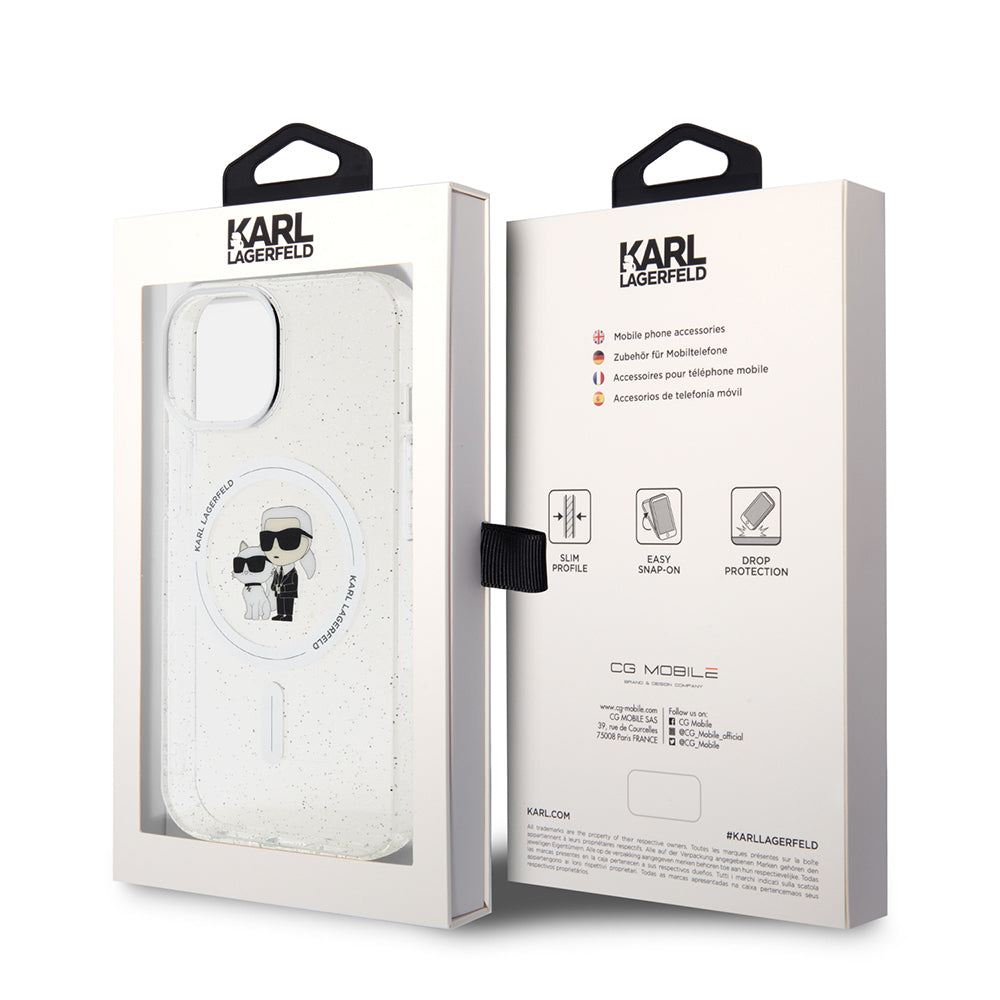 MagSafe Hülle für Apple iPhone 15, Karl Lagerfeld, Glitter, Transparent