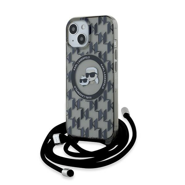 MagSafe Hülle für Apple iPhone 15, Karl Lagerfeld, IML Crossbody Monogram Karl & Choupette's Heads, Schwarz
