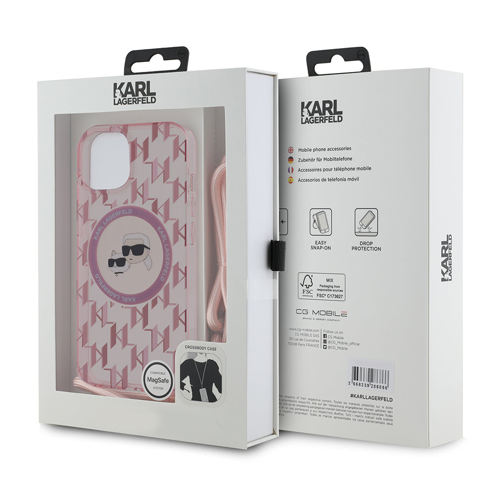 MagSafe Hülle für Apple iPhone 15, Karl Lagerfeld, IML Crossbody Monogram Karl & Choupette's Heads, Rosa