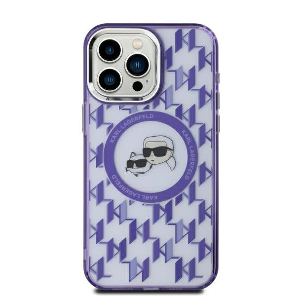 MagSafe Hülle für Apple iPhone 15, Karl Lagerfeld, IML Monogramm Karl & Choupette's Köpfe, Lila