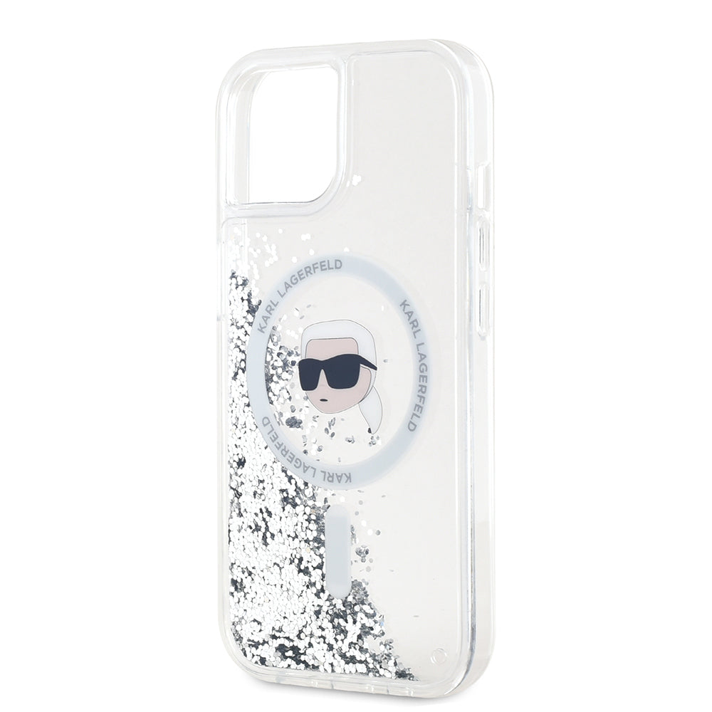 MagSafe Hülle für Apple iPhone 15, Karl Lagerfeld, Liquid Glitter Karl's Head, Transparent