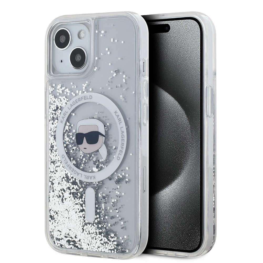 MagSafe Hülle für Apple iPhone 15, Karl Lagerfeld, Liquid Glitter Karl's Head, Transparent