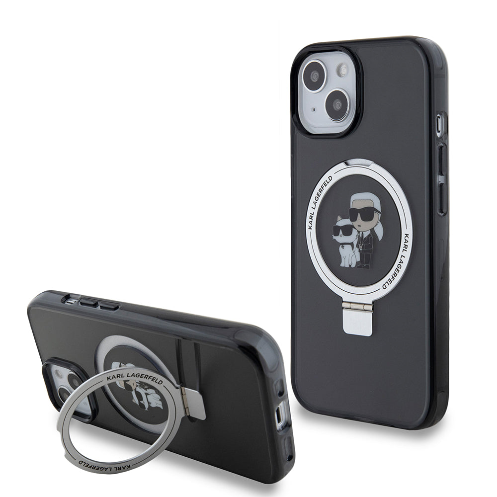 MagSafe Hülle für Apple iPhone 15, Karl Lagerfeld, Ring Stand Karl & Choupette, Schwarz