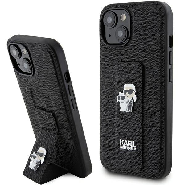 MagSafe Hülle für Apple iPhone 15, Karl Lagerfeld, Saffiano Gripstand Karl & Choupette, Schwarz