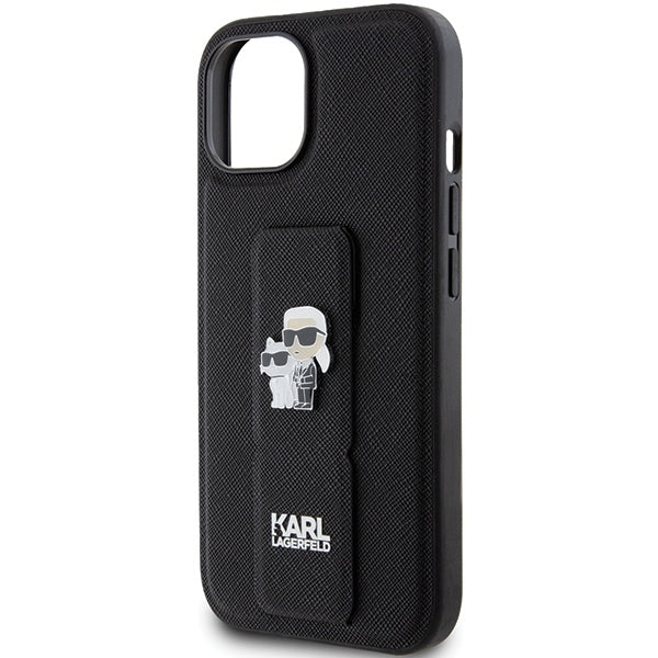 MagSafe Hülle für Apple iPhone 15, Karl Lagerfeld, Saffiano Gripstand Karl & Choupette, Schwarz