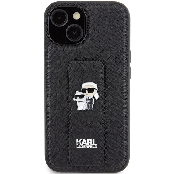 MagSafe Hülle für Apple iPhone 15, Karl Lagerfeld, Saffiano Gripstand Karl & Choupette, Schwarz