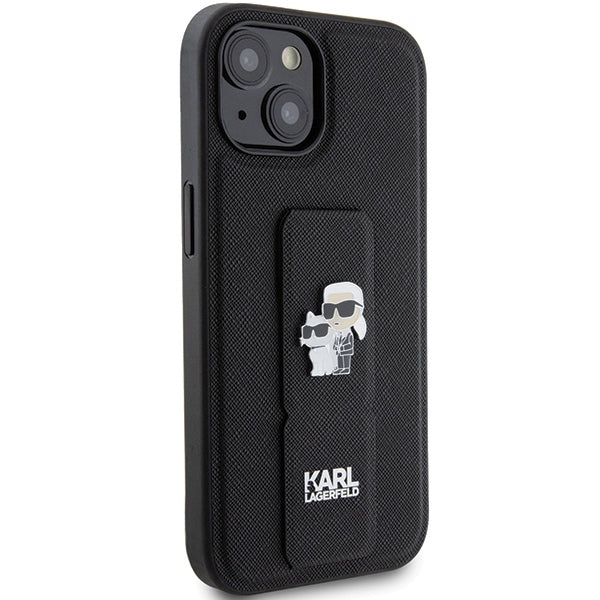 MagSafe Hülle für Apple iPhone 15, Karl Lagerfeld, Saffiano Gripstand Karl & Choupette, Schwarz