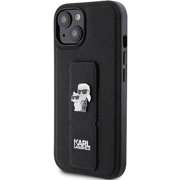 MagSafe Hülle für Apple iPhone 15, Karl Lagerfeld, Saffiano Gripstand Karl & Choupette, Schwarz