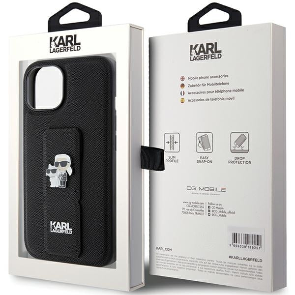 MagSafe Hülle für Apple iPhone 15, Karl Lagerfeld, Saffiano Gripstand Karl & Choupette, Schwarz