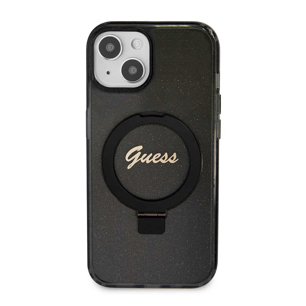 MagSafe Hülle für Apple iPhone 15 Plus, Guess, Ring Stand Script Glitter, Schwarz